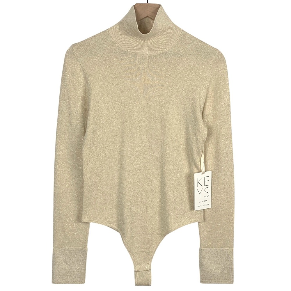 NWT ATHLETA + Alicia Keys Inner Strength Bodysuit Gold Metallic Mock Neck Sz S